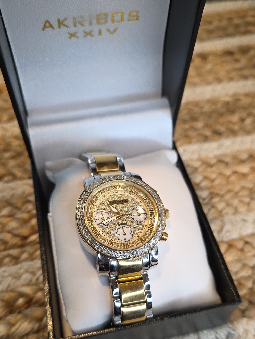 Akribos XXIV Two-Tone Gold and Silver Pavé Dial Chronograph Bracelet Watch